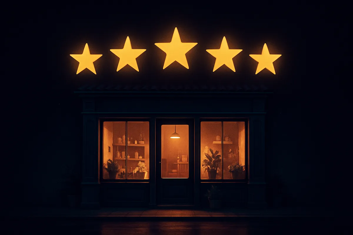Illustration : cinq étoiles lumineuses flottant au-dessus d'une devanture de commerce la nuit, symbole des avis clients Google