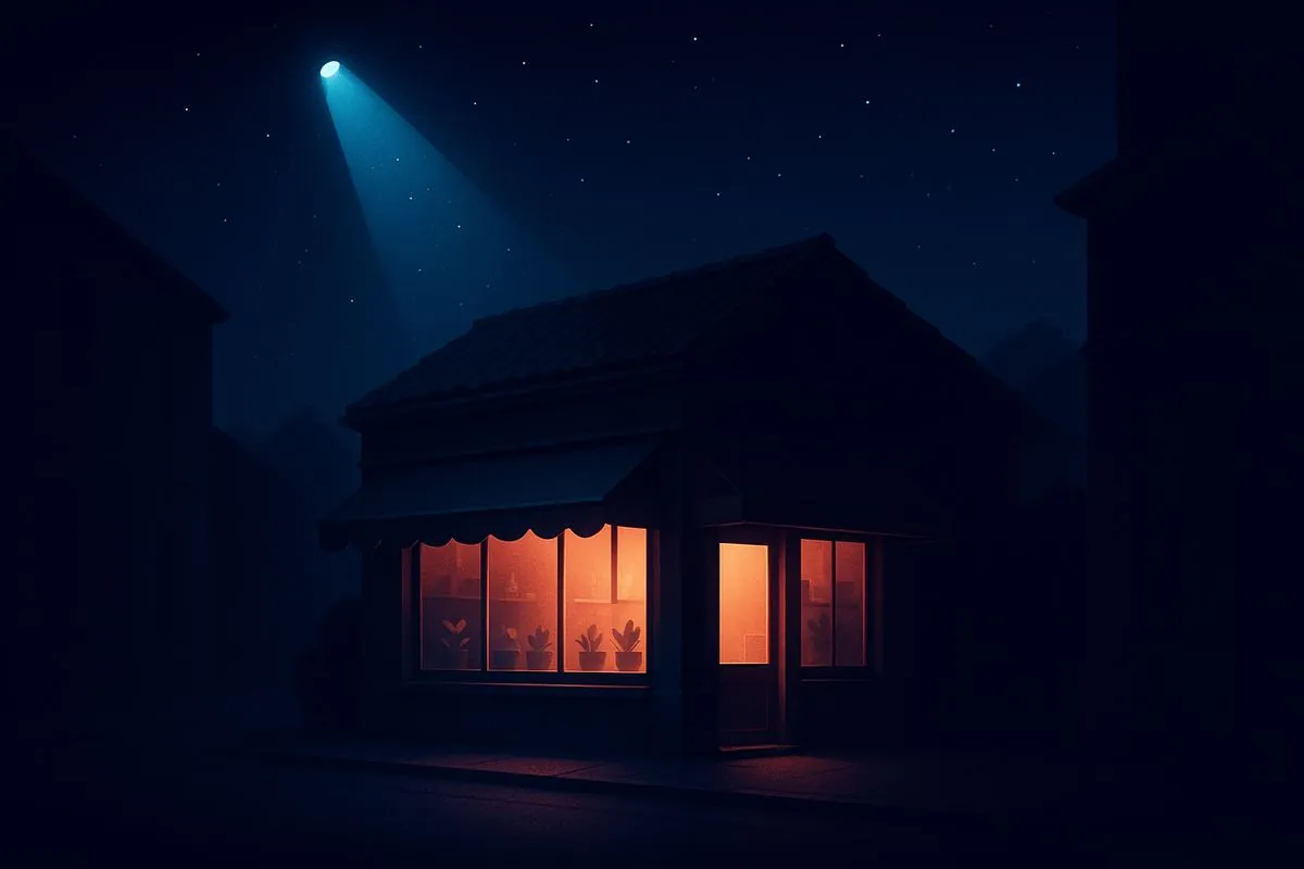 Illustration : boutique éclairée par un projecteur dans la nuit, symbole de la visibilité sur Google