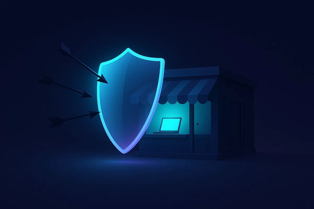 Illustration : bouclier lumineux protégeant une petite boutique, symbole de la cybersécurité des TPE et PME