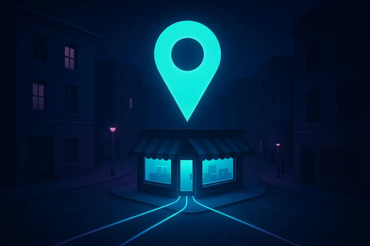Illustration : repère de géolocalisation lumineux au-dessus d'une rue commerçante, symbole de la fiche Google Business Profile