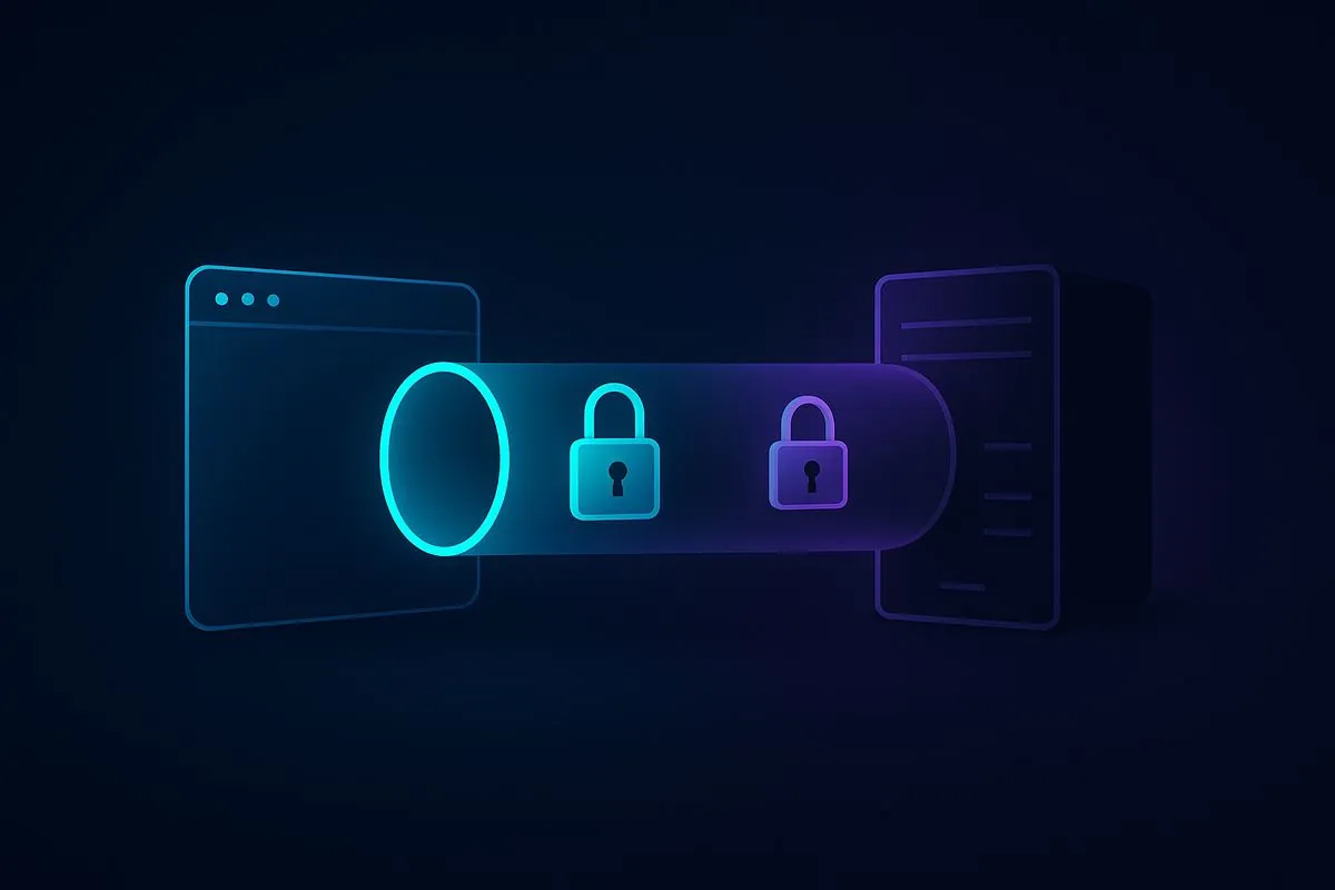 Illustration : bouclier lumineux verrouillant le trajet entre un navigateur et un serveur, symbole de l'en-tête HSTS