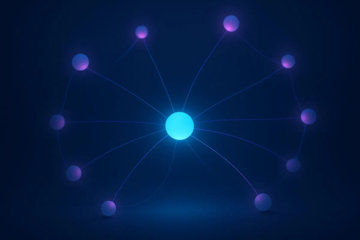 Illustration : réseau de sphères lumineuses reliées vers un centre, symbole des liens de netlinking