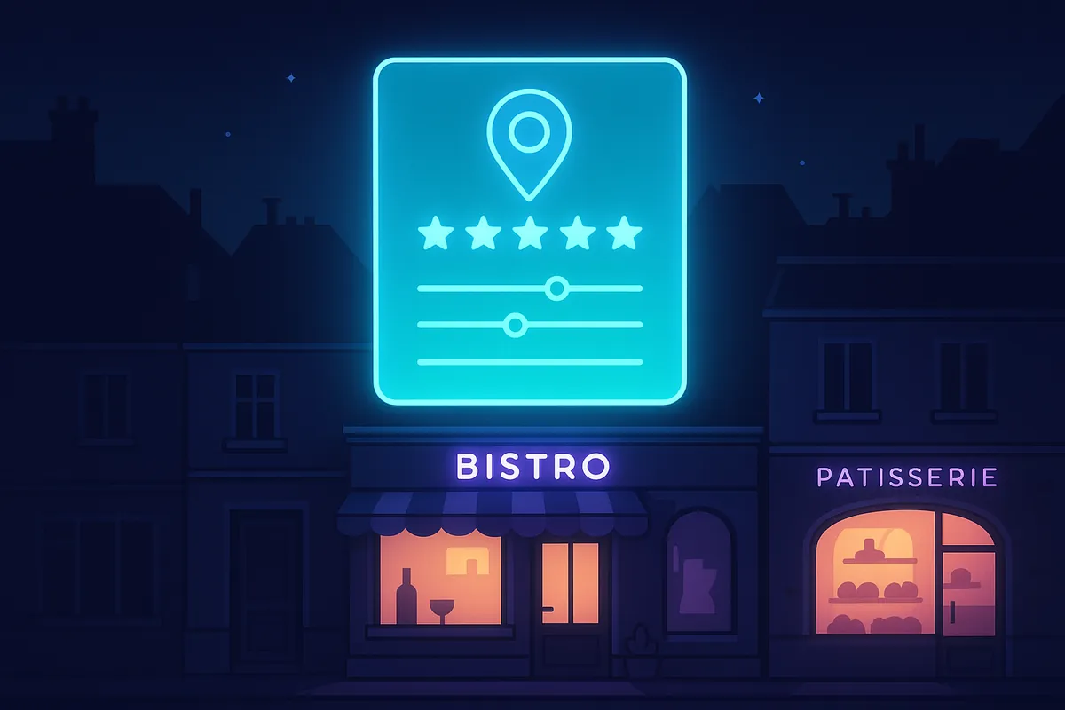 Illustration : fiche d'établissement Google lumineuse flottant au-dessus d'une rue commerçante la nuit, avec repère de géolocalisation et curseurs de réglage