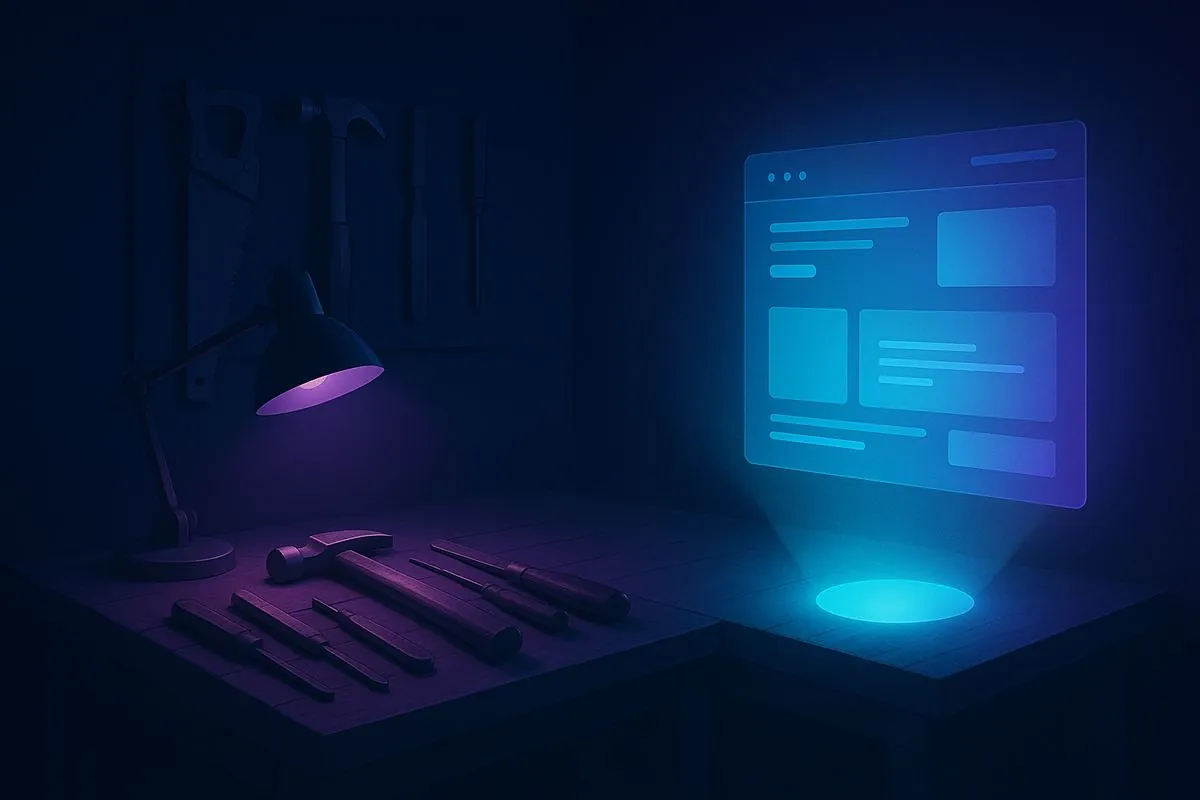 Illustration : établi d'artisan projetant un site web holographique, symbole du passage au numérique des TPE