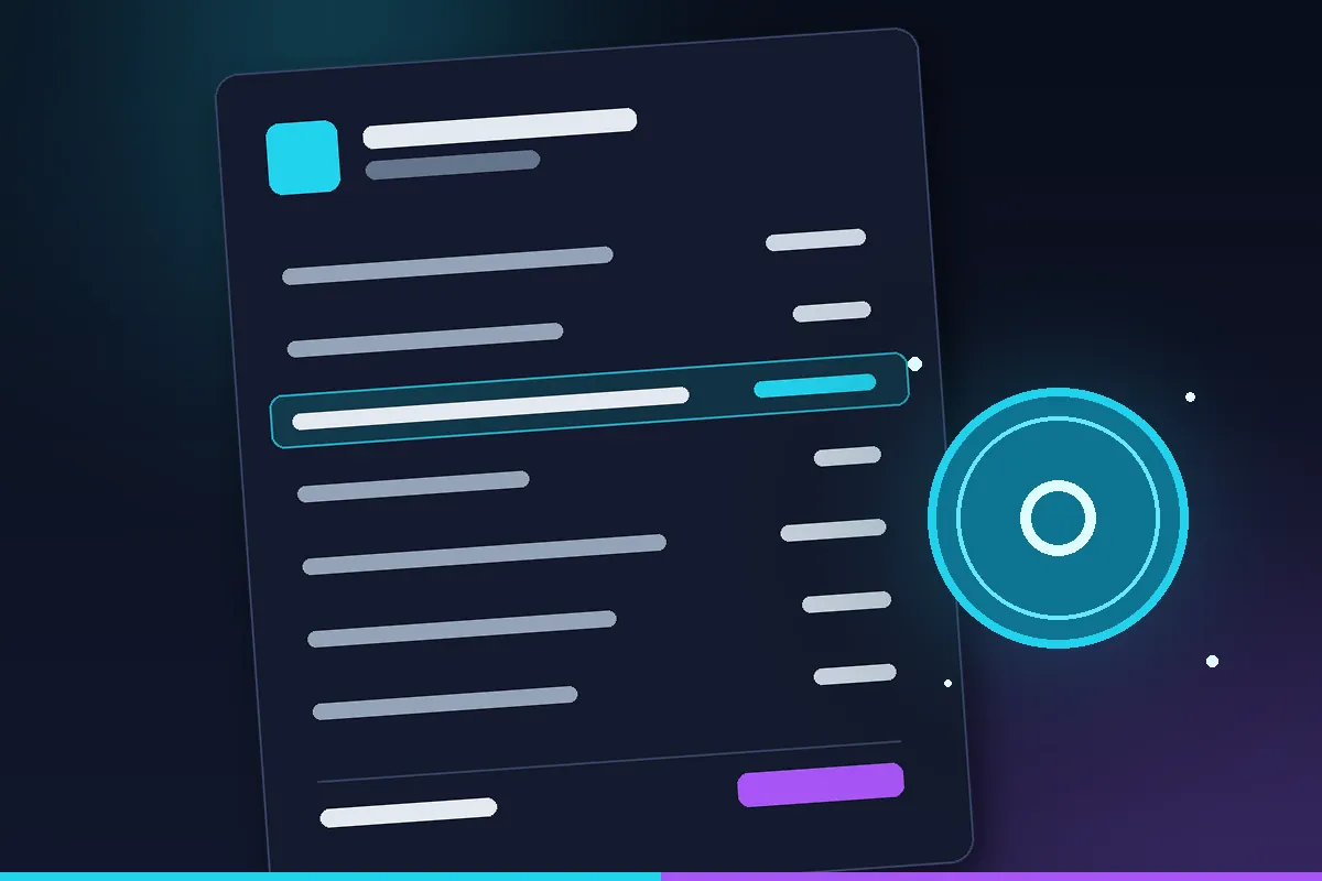 Illustration : un devis de site internet stylisé sur fond bleu nuit, avec ses lignes de postes et leurs montants, une ligne surlignée en cyan et une pièce lumineuse posée à côté
