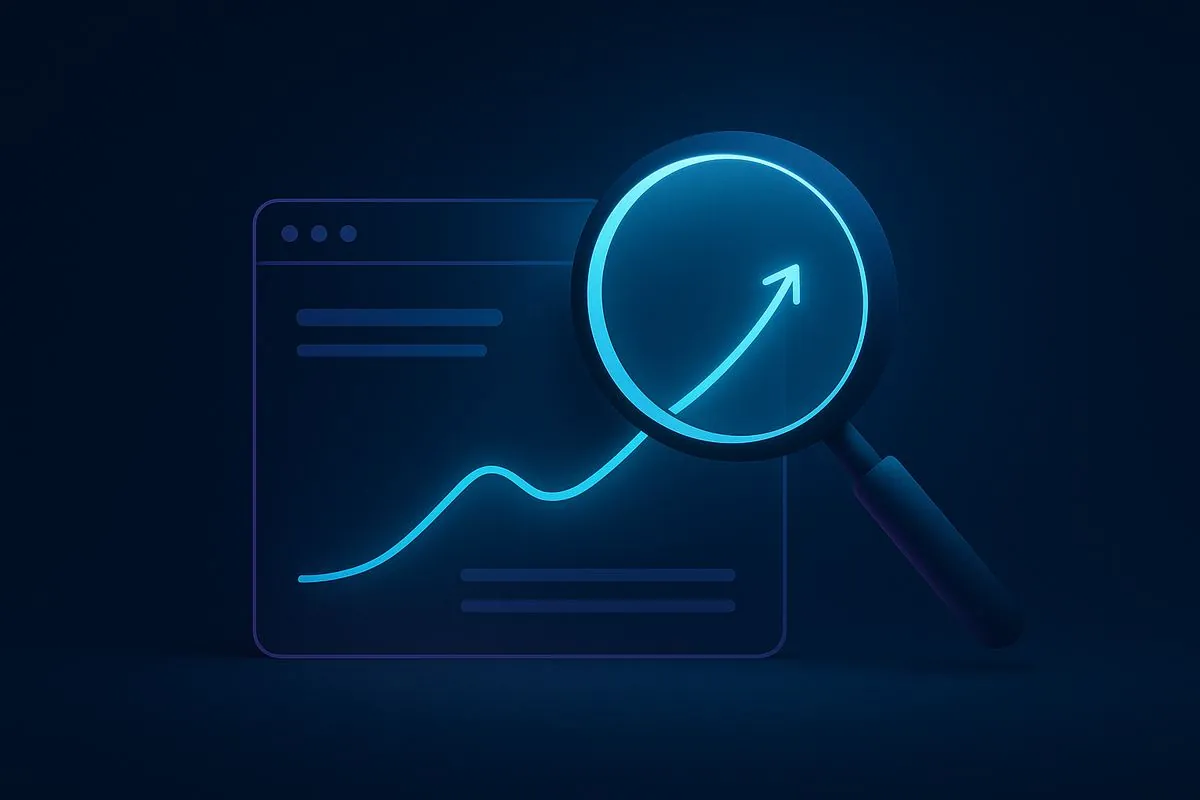 Illustration : loupe lumineuse survolant une page web avec une courbe de croissance, symbole du référencement naturel (SEO)