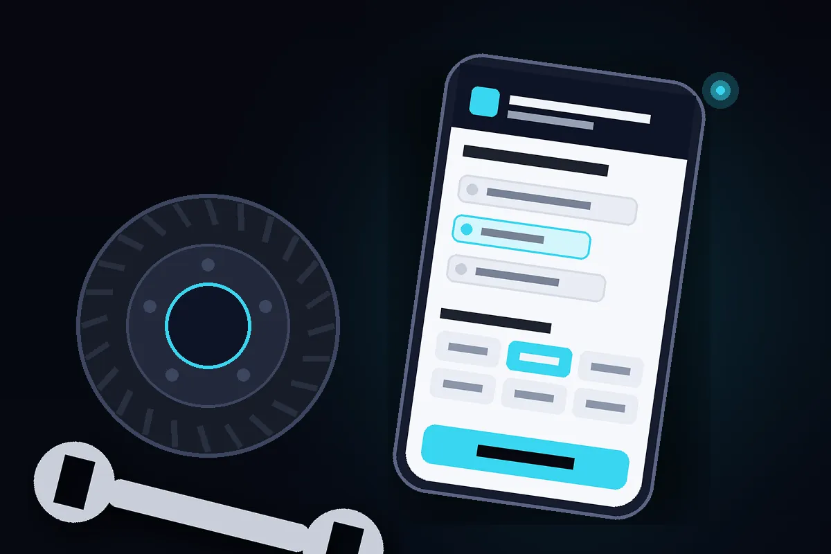 Illustration : un téléphone incliné affichant l'écran de prise de rendez-vous d'un garage automobile, avec un pneu stylisé et une clé plate sur fond bleu nuit