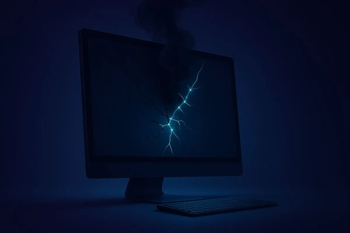 Illustration : écran fissuré recousu par des fils de lumière, symbole de la réparation d'un site piraté