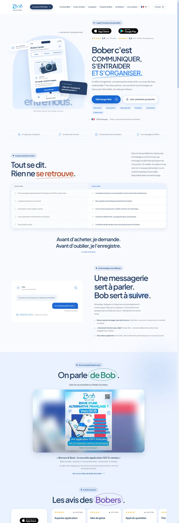 Page d'accueil de Bob, application française pour organiser prêts, événements et listes entre proches