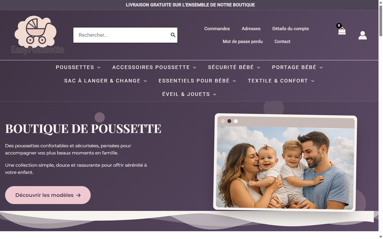 Aperçu du site e-commerce Easy Poussette, boutique de poussettes bébé