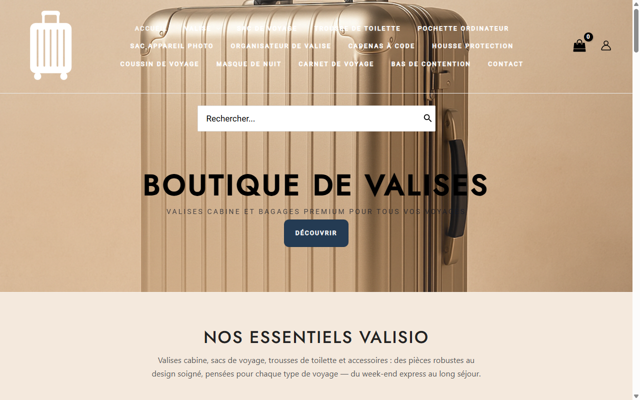 Aperçu du site e-commerce Valisio, boutique de valises et bagagerie