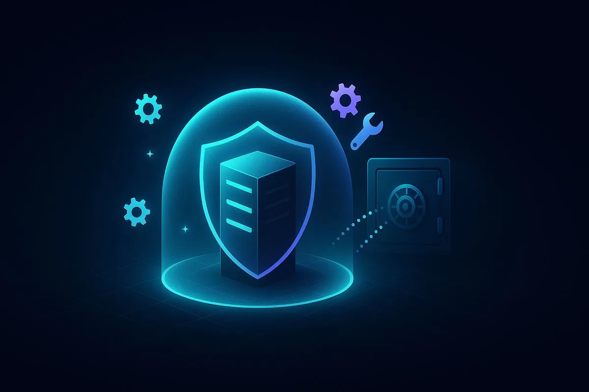 Illustration : serveur protégé par un dôme lumineux avec engrenages, symbole de la maintenance de site internet