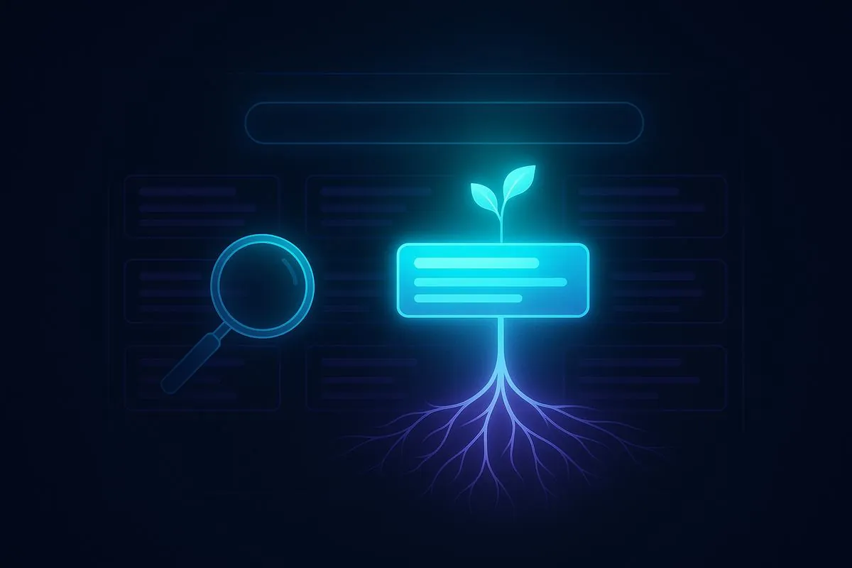 Illustration : résultat de recherche qui s'élève comme une plante lumineuse, symbole du référencement naturel